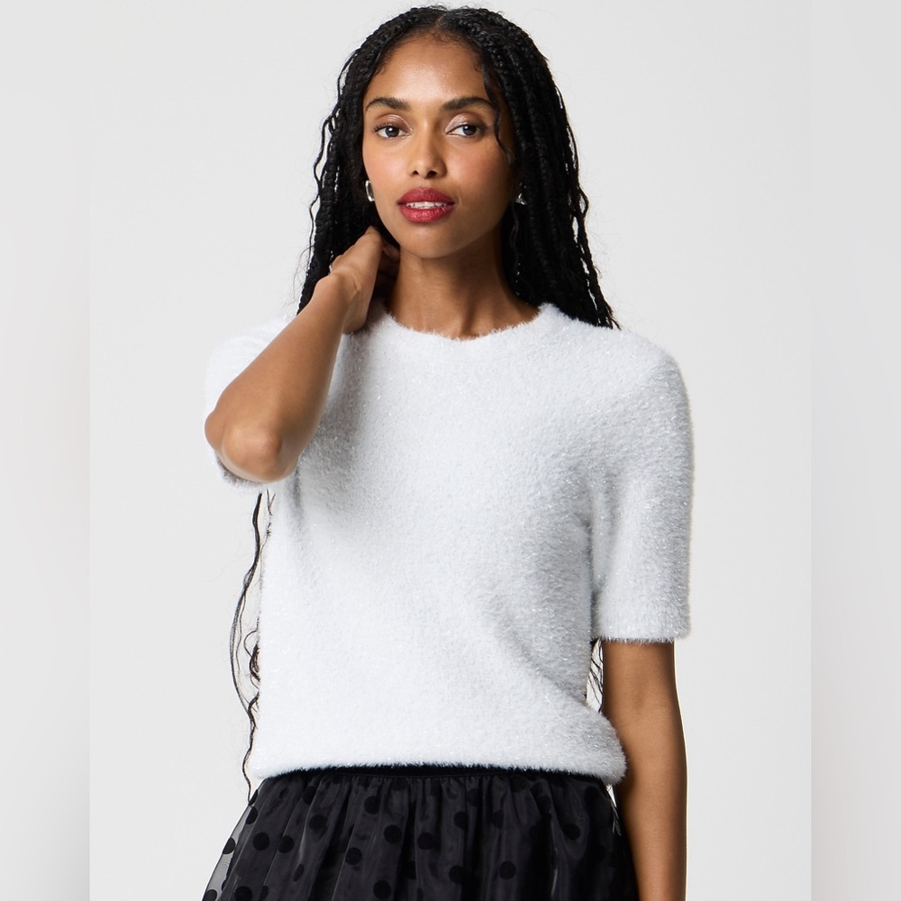 NEW J. CREW Short-Sleeve Tinsel Sweater- White Silver Shimmer (Size L)